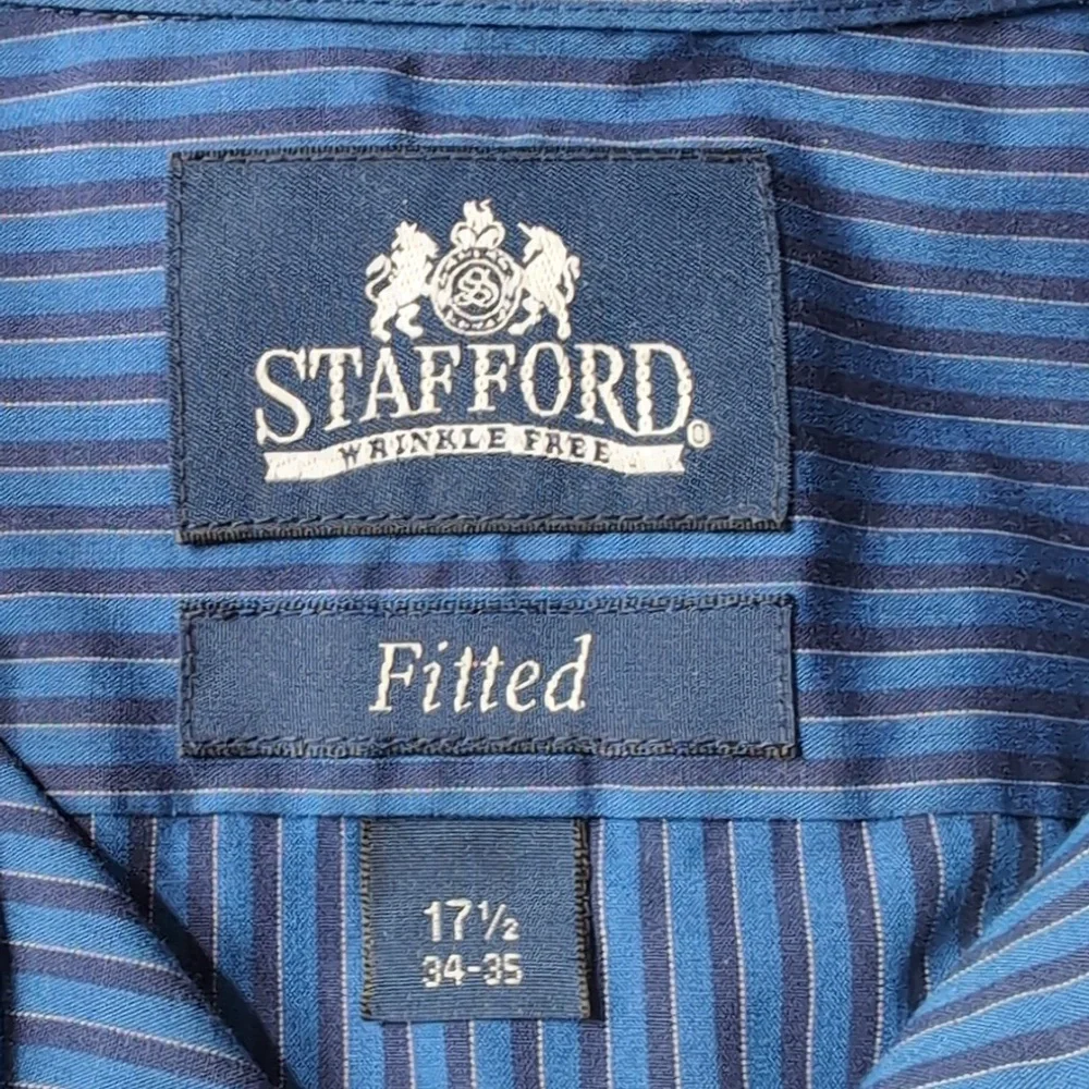Men's Stafford Blue & Black Pinstripe Fitted Dress Shirt 17-1/2 34-35